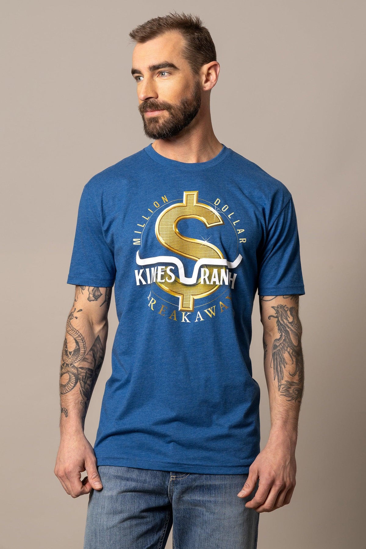 Kimes Ranch Men's MDB Tee in blue with a gold dollar sign graphic and Million Dollar Breakaway text