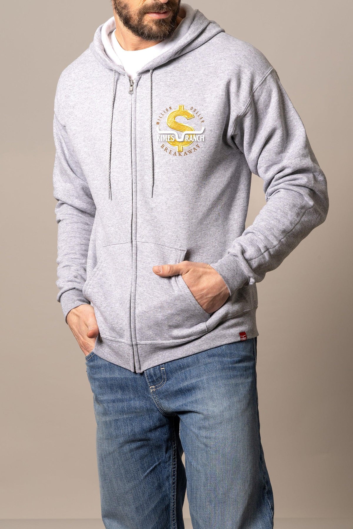 Kimes Ranch MDB Zip Up hoodie in heather grey with a gold dollar sign graphic and kangaroo pocket