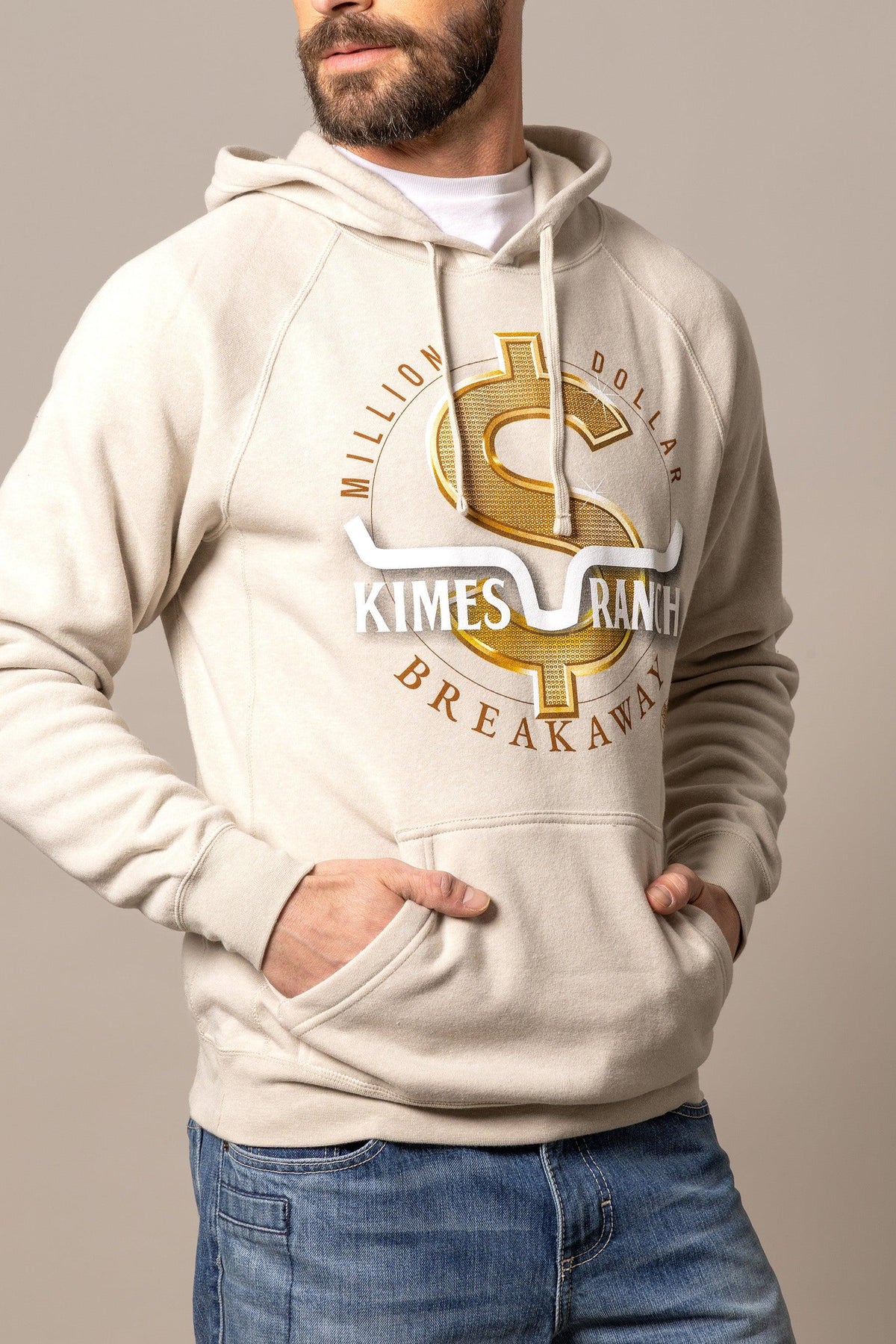 Kimes Ranch MDB Pullover hoodie in oatmeal with a gold dollar sign graphic and Kimes Ranch logo