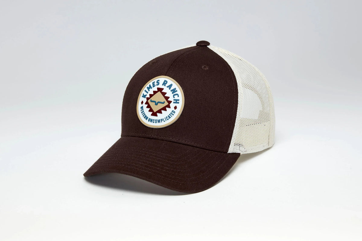 Kimes Ranch Vaughn, side view, Brown trucker hat with mesh back and embroidered logo