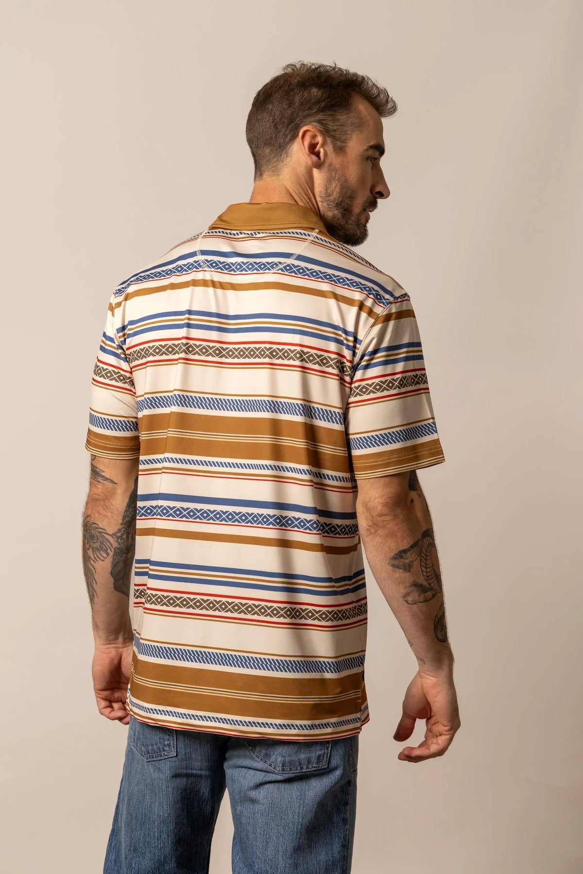 Kimes Ranch Mackin Stripe Polo in Natural, back view, with horizontal stripes and geometric patterns