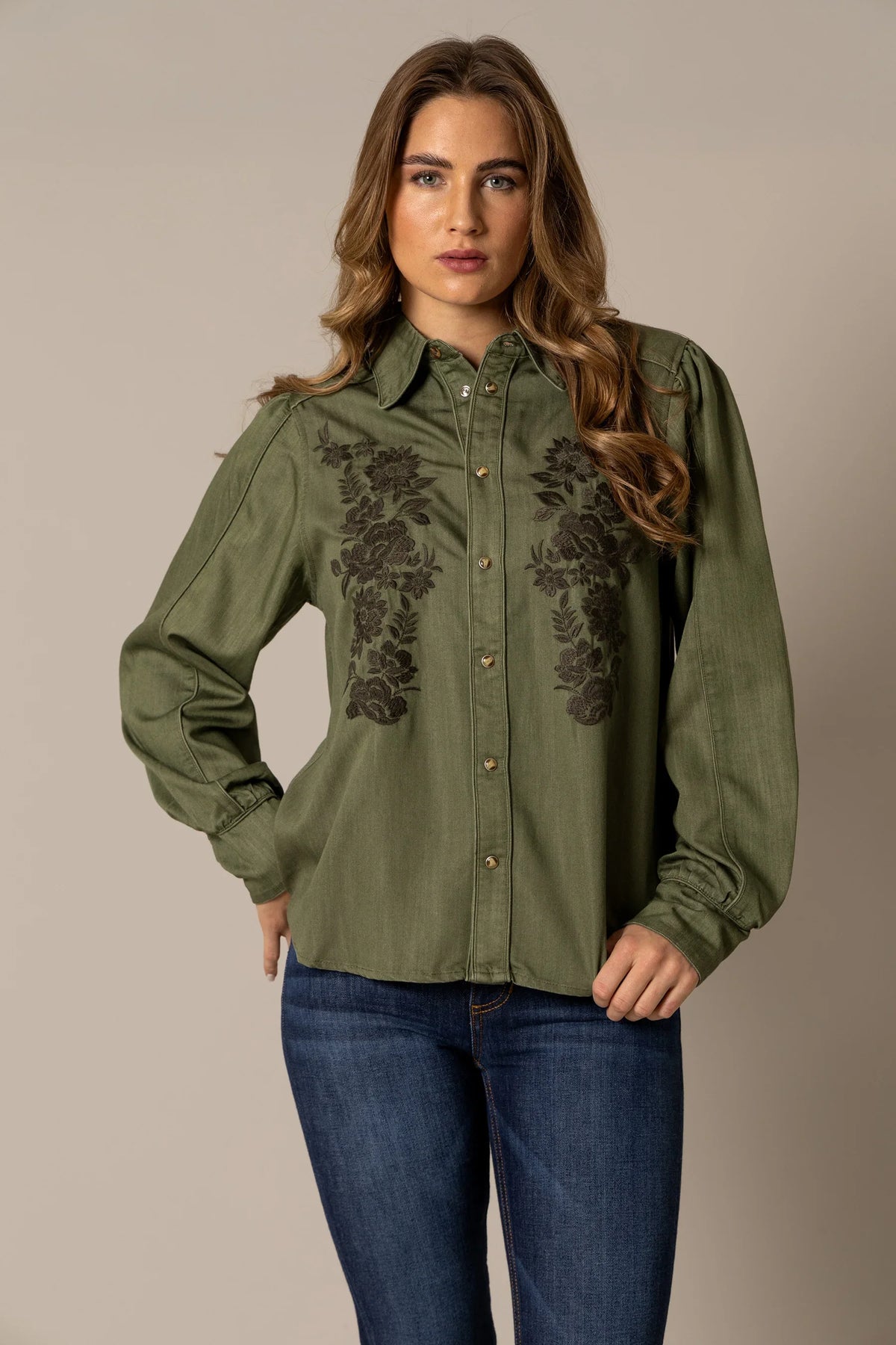 Kimes Ranch Mae top in Olive with long sleeves and floral embroidery on the front