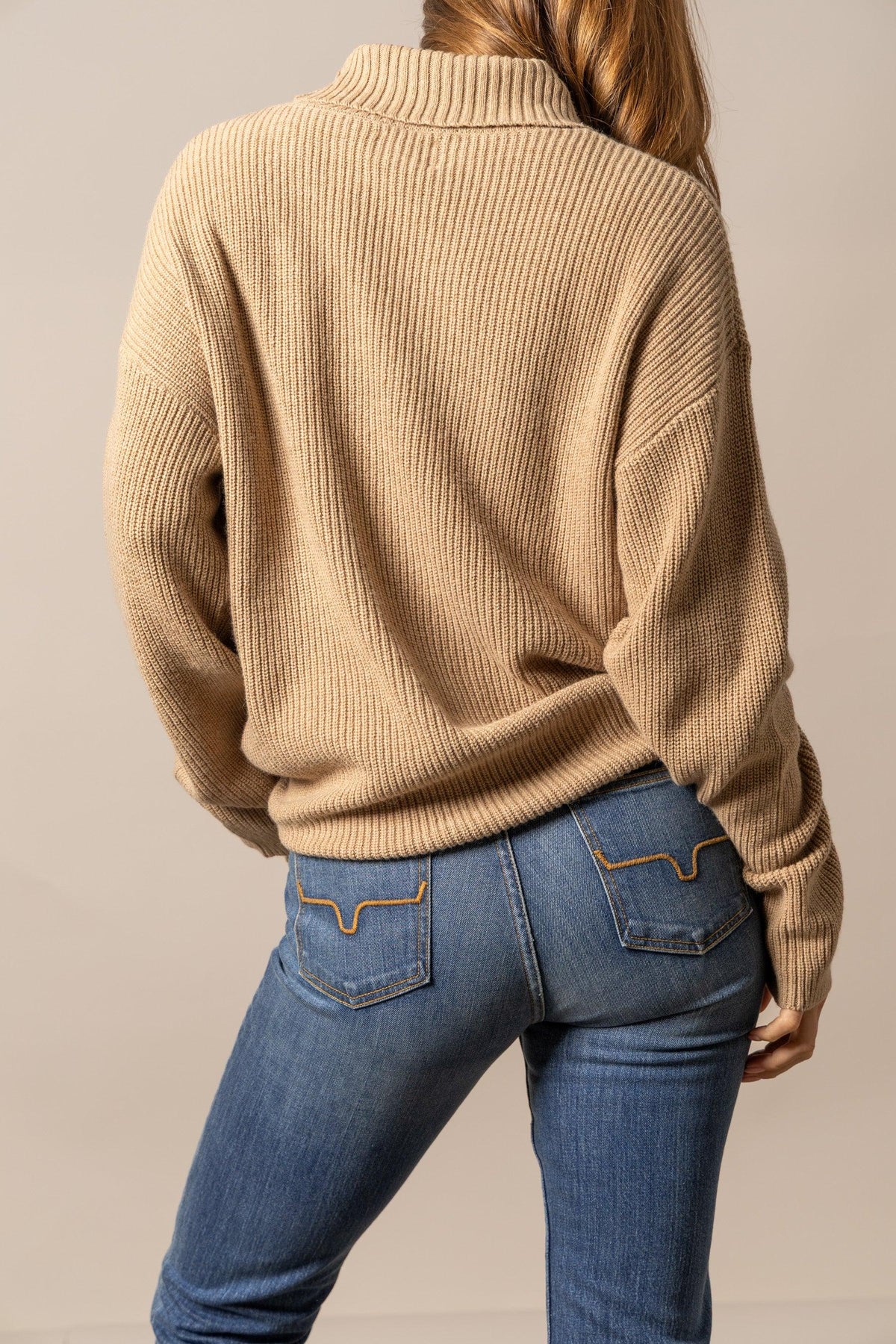Kimes Ranch Maizie Turtleneck sweater in Coffee, back view, with ribbed knit texture and long sleeves