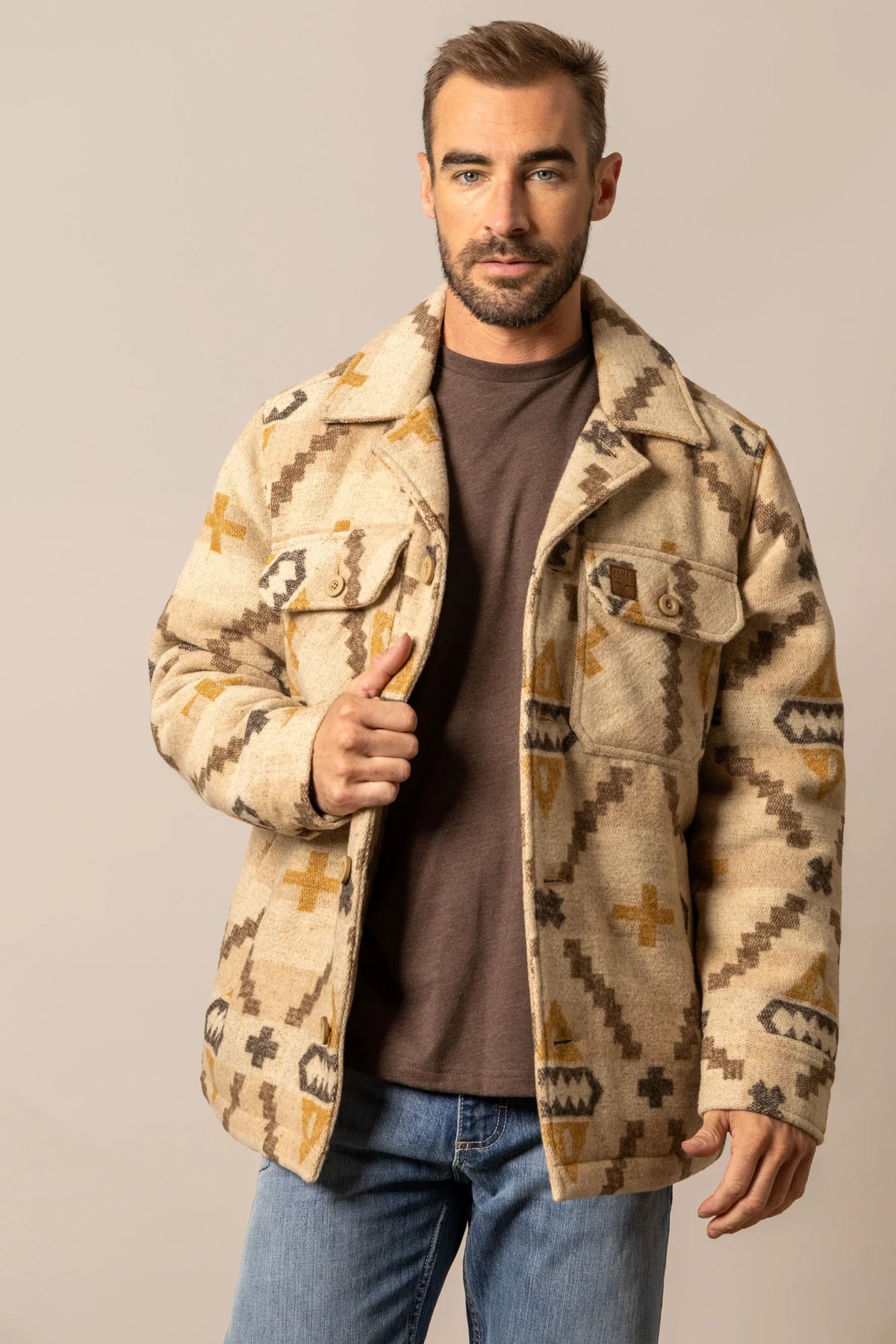 Kimes Ranch Marquette Wool Jacket in Tan with geometric pattern and button front pockets