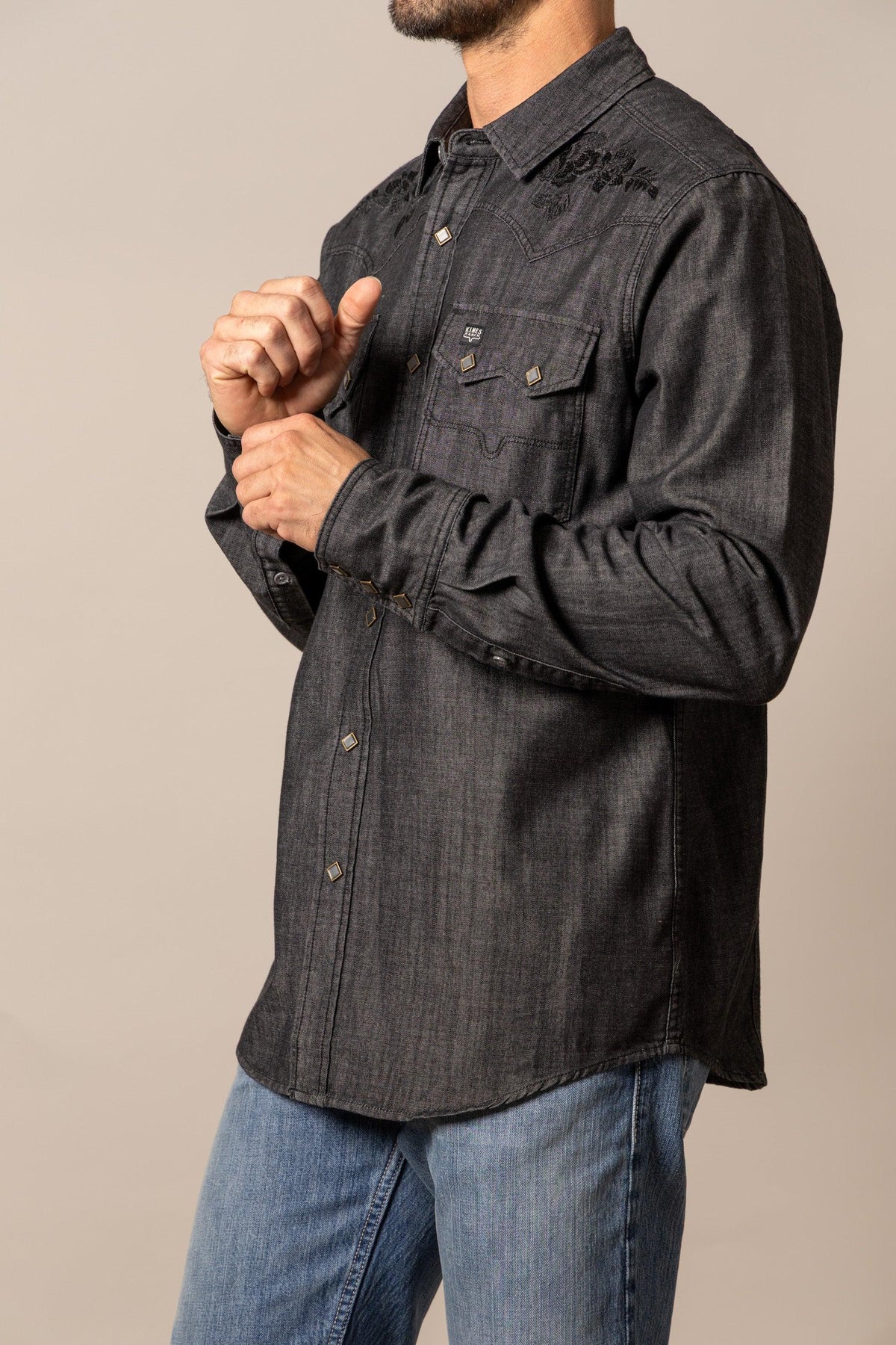 Kimes Ranch Memphis long sleeve dress shirt in Black Out, side view, with embroidered yoke and chest pockets