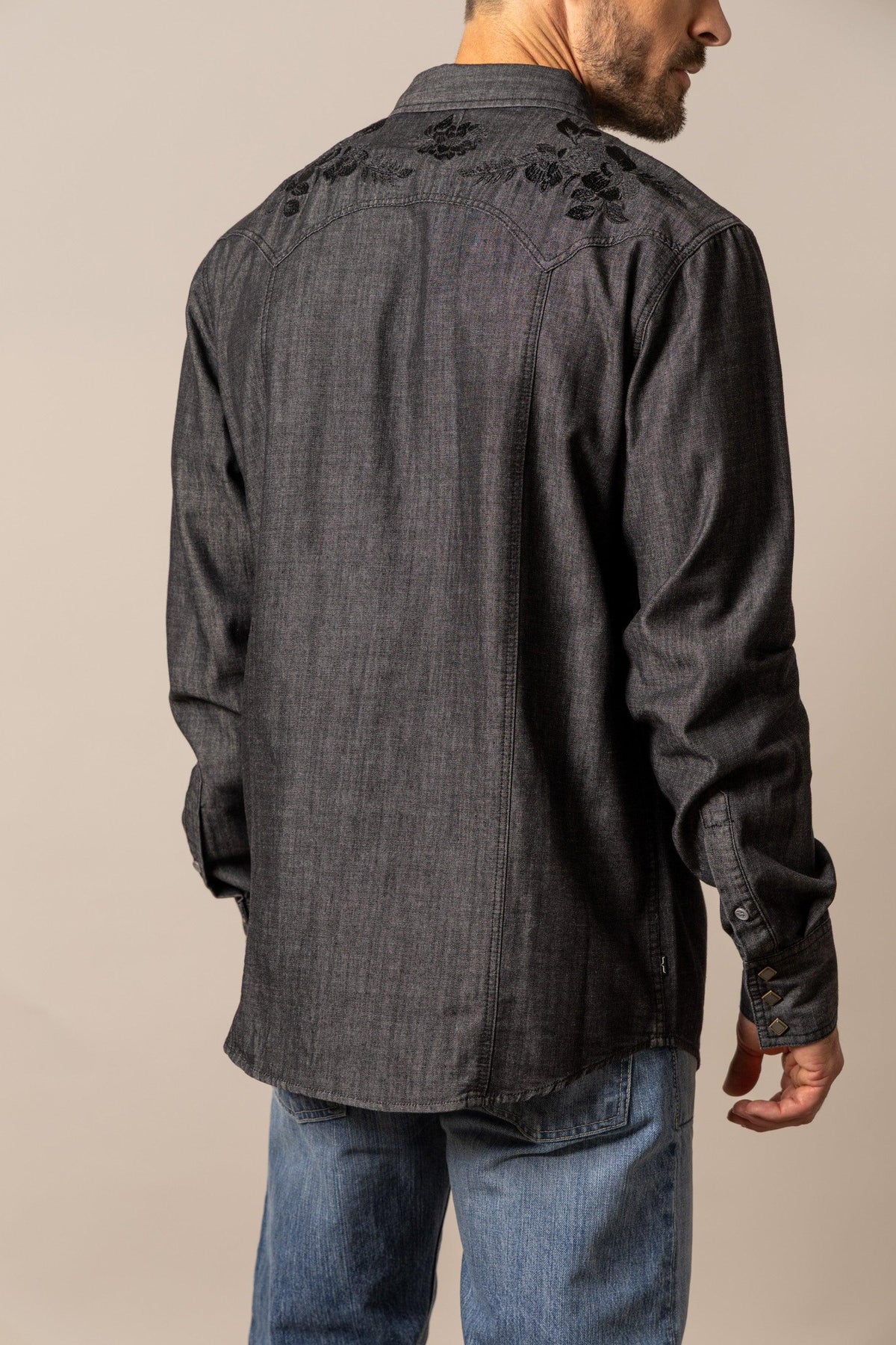 Kimes Ranch Memphis dress shirt in Black Out, back view, with embroidered floral yoke on the back