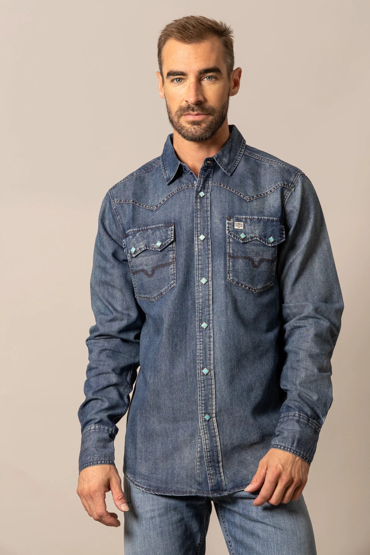 Kimes Ranch Memphis Indigo long sleeve western dress shirt with snap buttons and chest pockets
