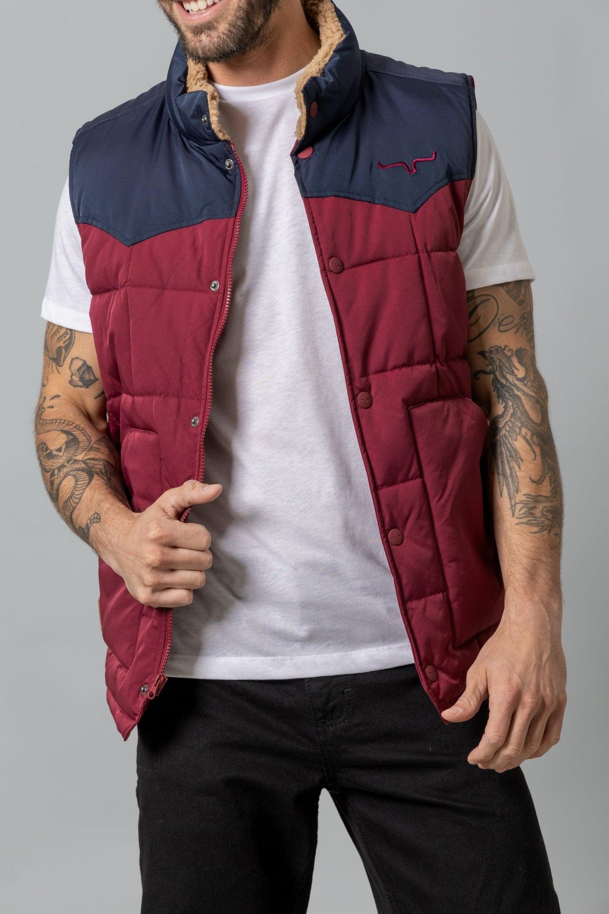 Kimes Ranch Muir Trail Vest in Burgundy with navy yoke and sherpa collar with zip and snap closure