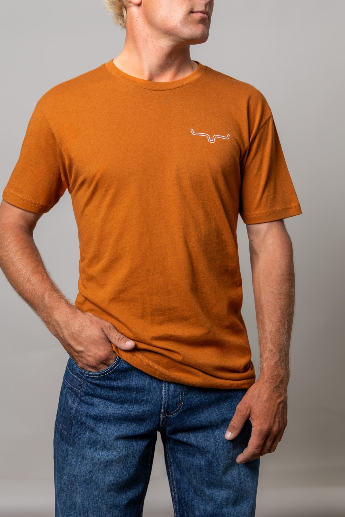 Kimes Ranch Mexicana Plate shirt in Clay with a white Kimes Ranch logo on the chest