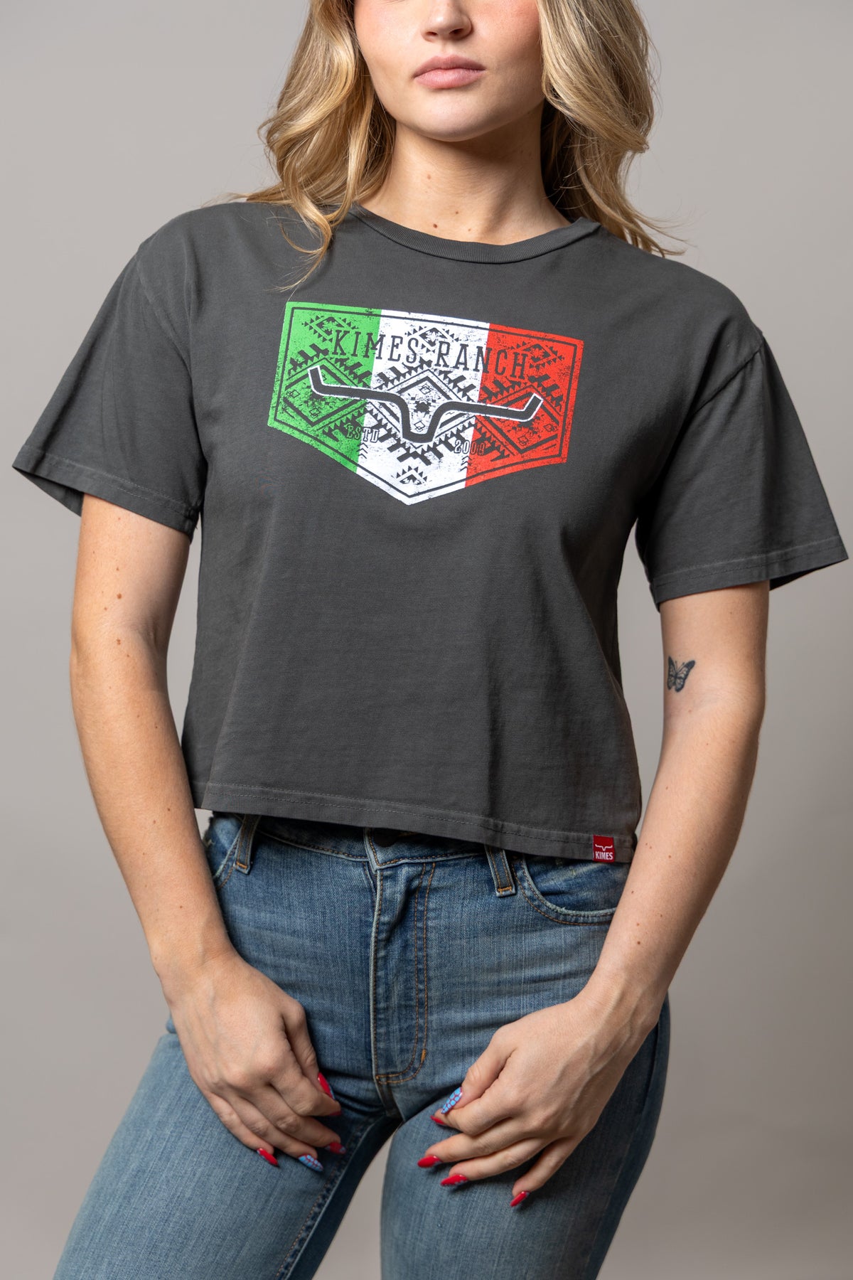 Kimes Ranch Mexicana Plate shirt in Pepper with a Mexican flag graphic and Kimes Ranch logo