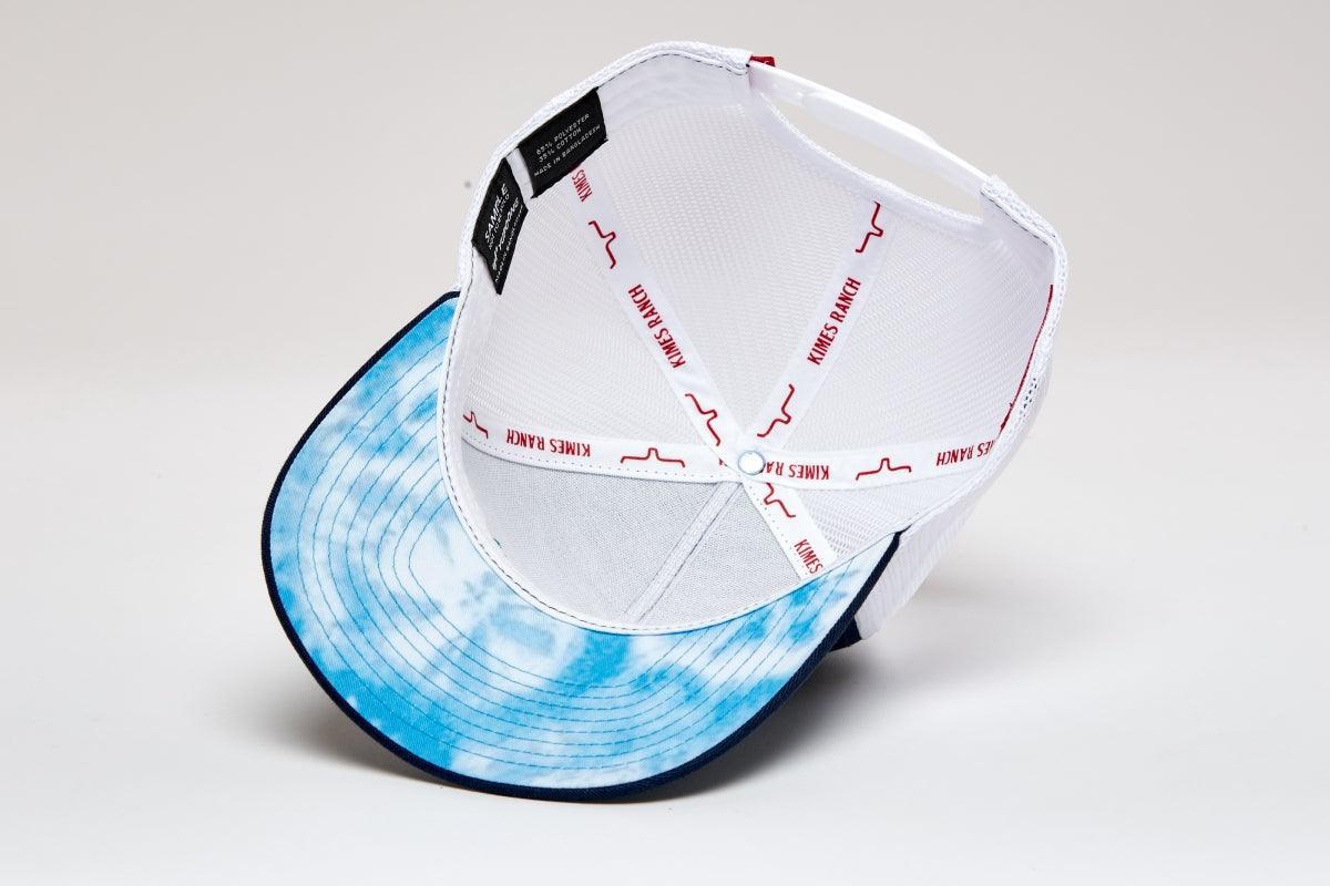 Kimes Ranch Monterey El Paso Hat, back view, with blue tie dye brim and white mesh back featuring red Kimes Ranch logo tape