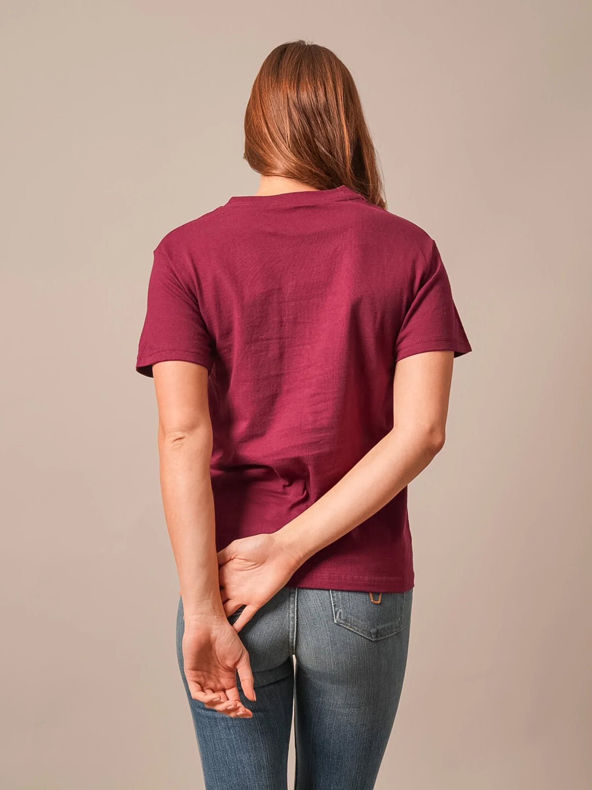 Kimes Ranch Mountain Badge shirt in Burgundy, back view, with short sleeves and a plain back