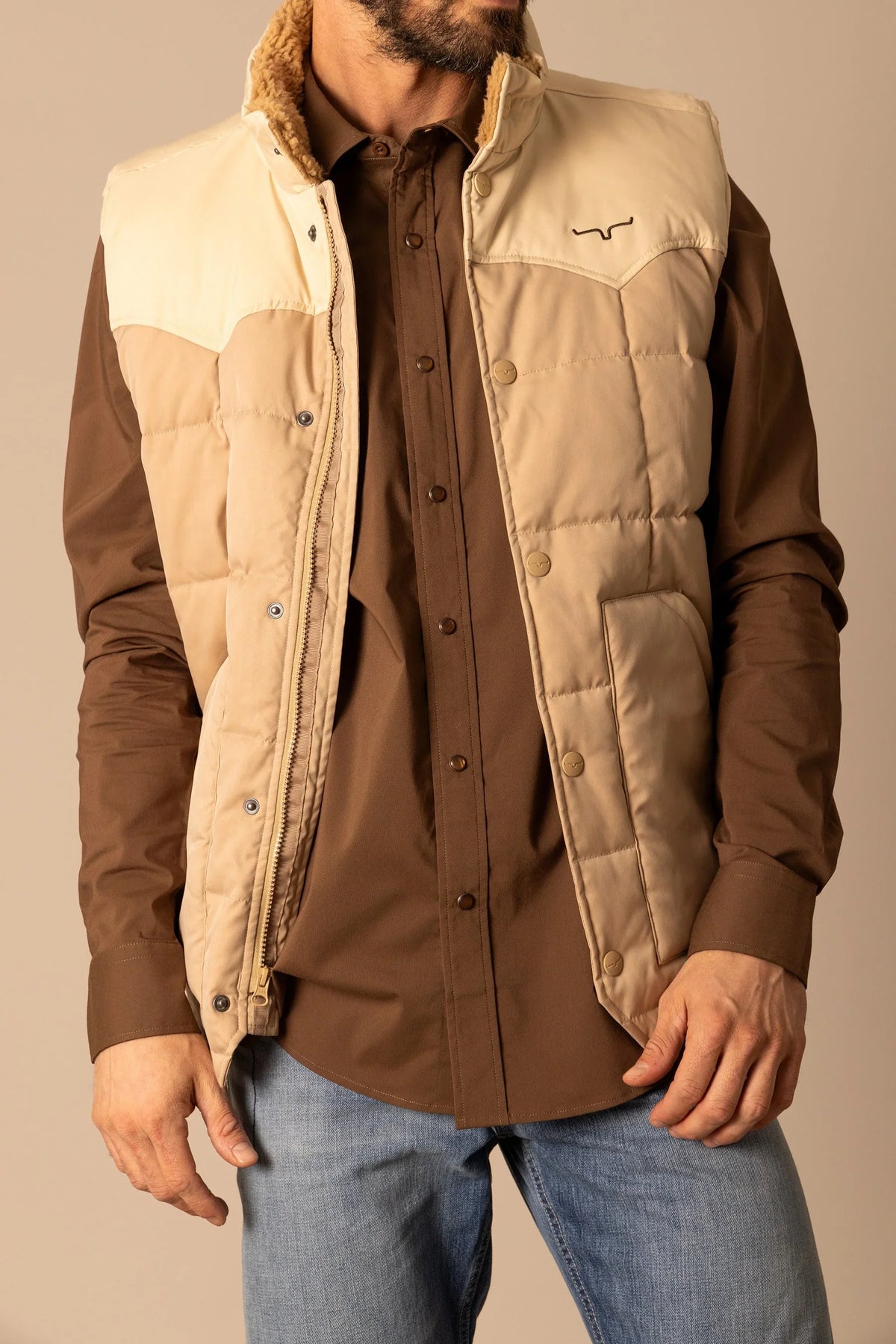 Kimes Ranch Muir Trail Vest in Khaki with sherpa collar and front pockets
