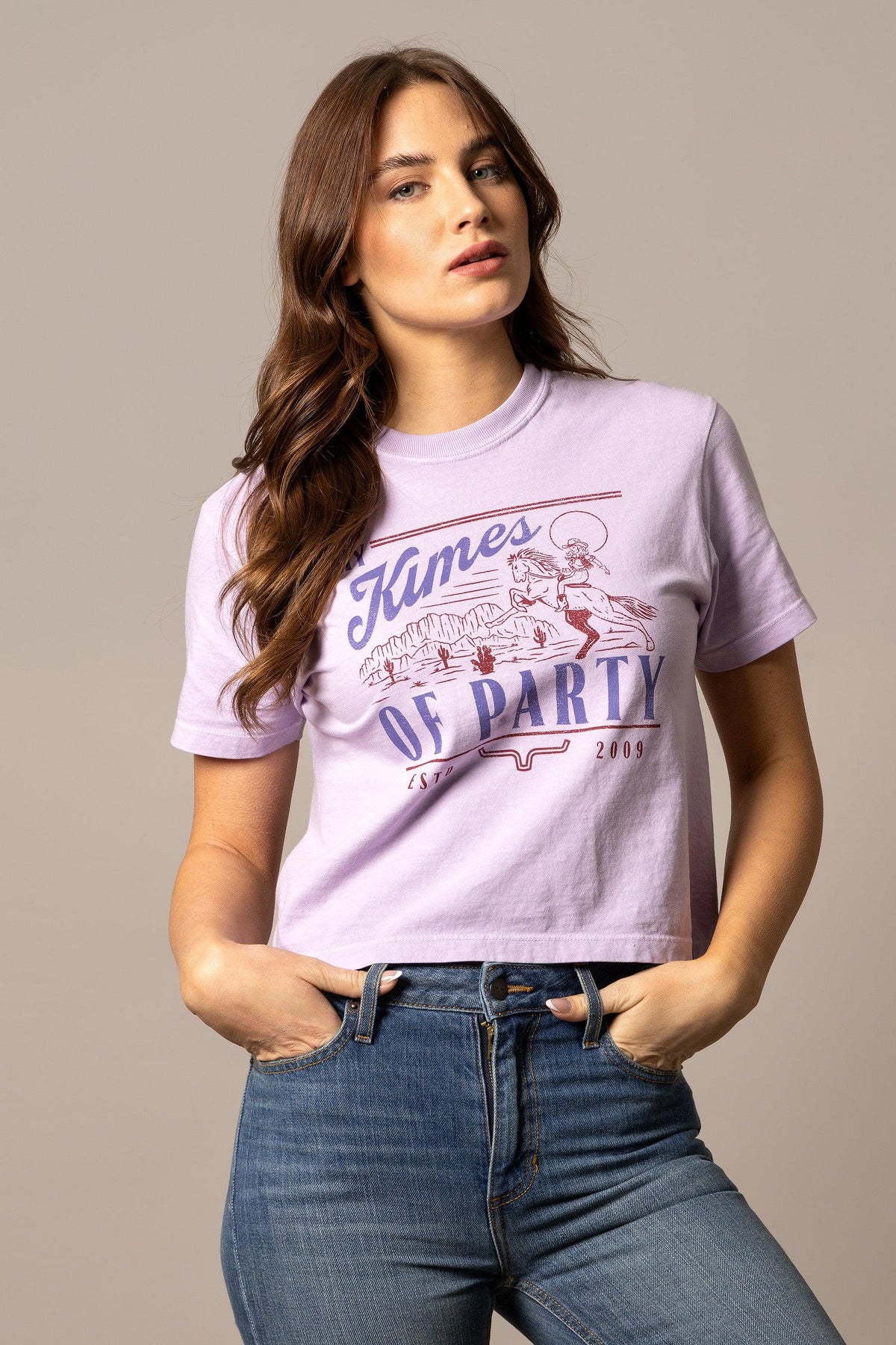 Kimes Ranch My Kimes of Party shirt in Orchid with a vintage graphic of a rodeo rider and text