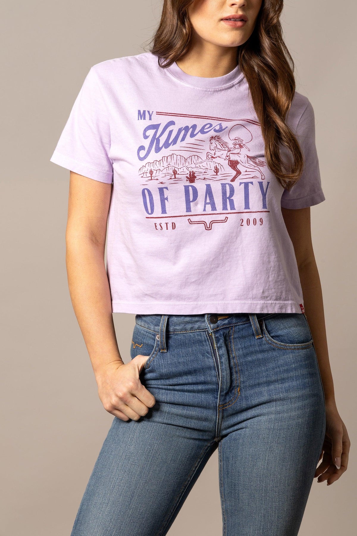 Kimes Ranch My Kimes of Party shirt in Orchid with a vintage graphic of a cowboy on a horse and text