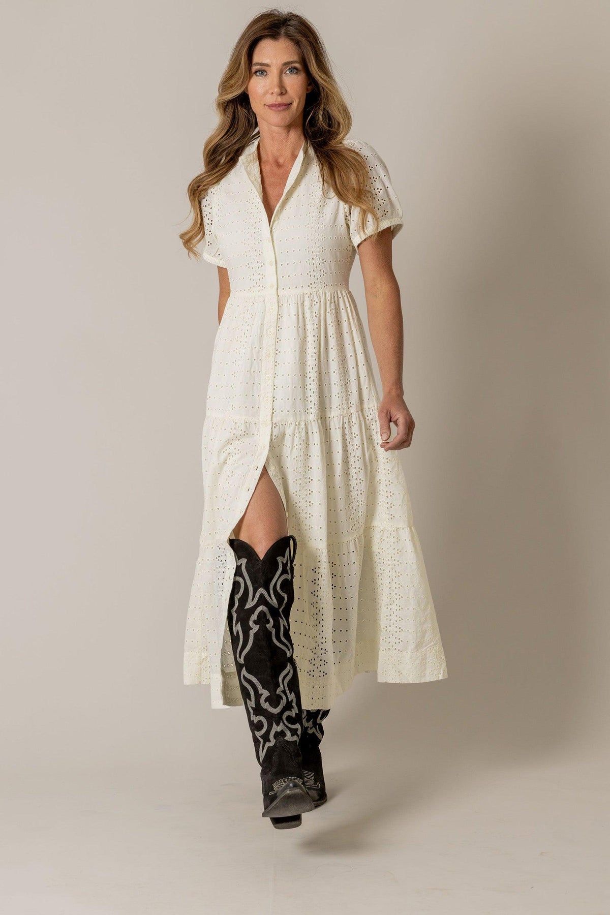Kimes Ranch Neve Eyelet Dress in Pristine with short sleeves and a front button placket