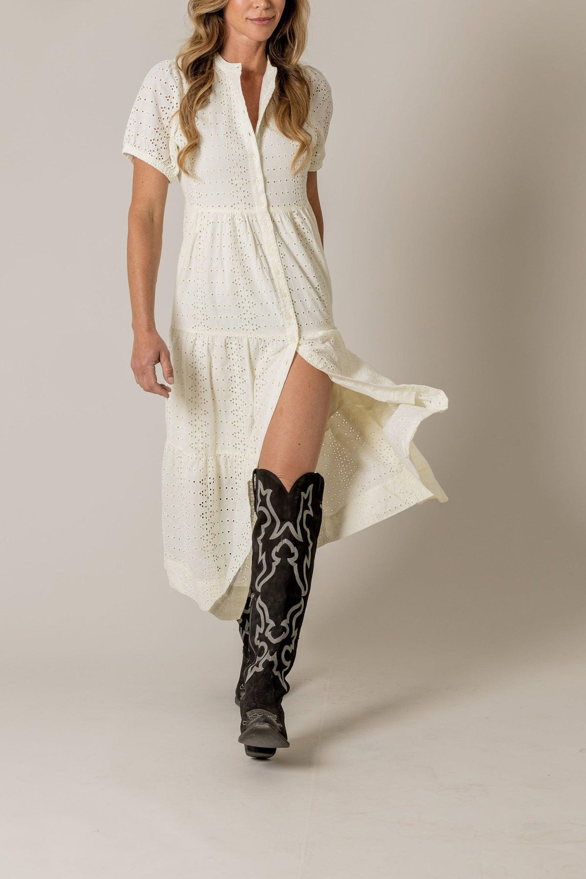 Kimes Ranch Neve Eyelet Dress in Pristine with short sleeves and a button front