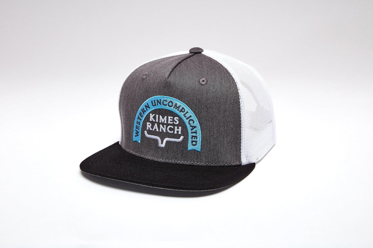 Kimes Ranch Newbury hat in Charcoal Heather, side view, with white mesh back and black brim