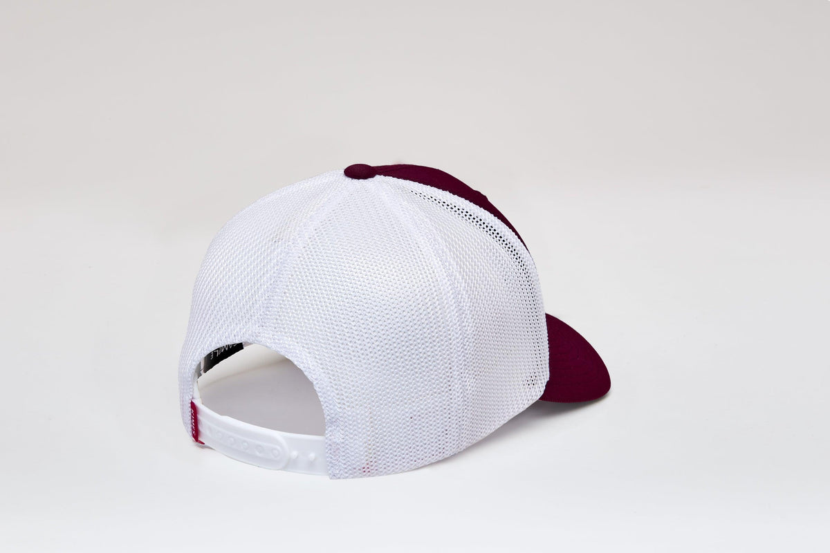 Kimes Ranch Newton 110 Hat in Dark Red, back view, with white mesh back and adjustable strap