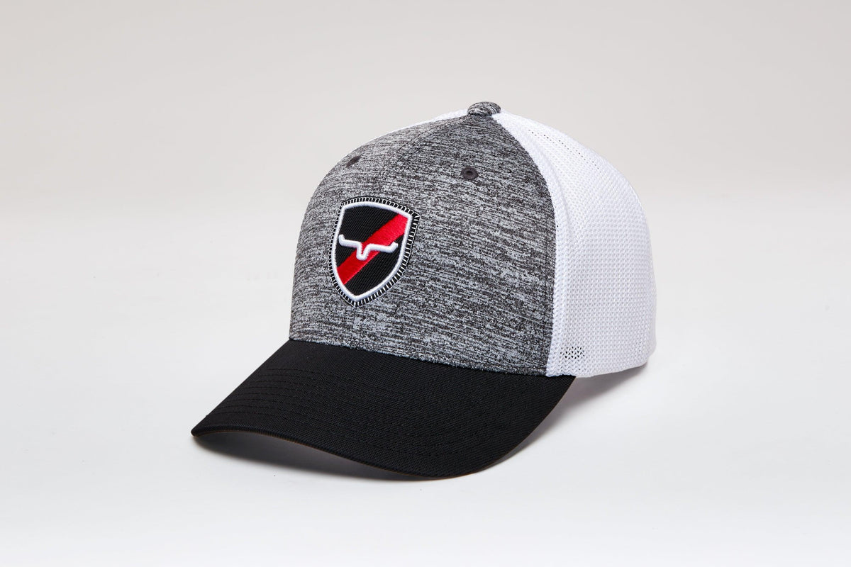 Kimes Ranch Newton 110 Hat in Grey Heather, side view, with a black brim and white mesh back featuring the Kimes Ranch logo