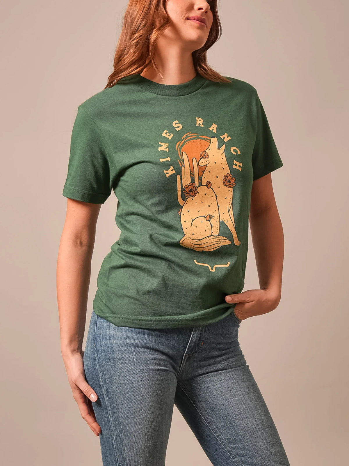 Kimes Ranch Night Call shirt in Forest with a howling coyote and cactus graphic