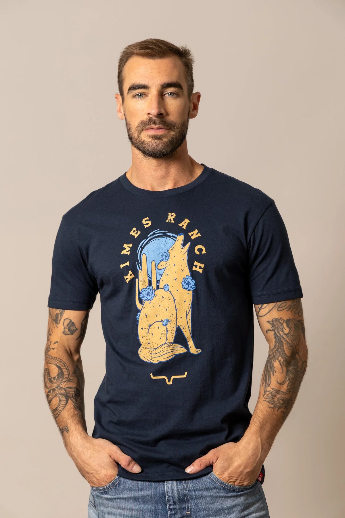 Kimes Ranch Night Call shirt in Midnight Navy with a howling coyote graphic and Kimes Ranch logo