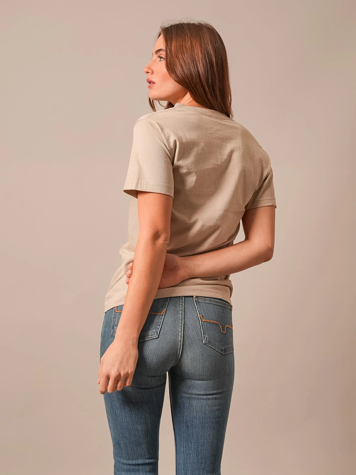 Kimes Ranch Night Call shirt in Sand, back view, with short sleeves and a crew neck