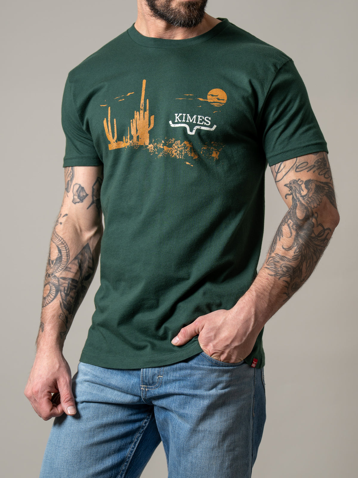 Kimes Ranch Night Fall shirt in Forest Green with a desert sunset graphic and cactus print