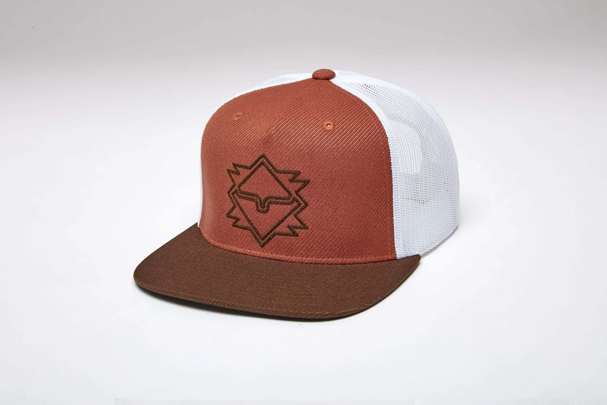 Kimes Ranch North Star hat in Burnt Orange with white mesh back and brown brim featuring the Kimes Ranch logo