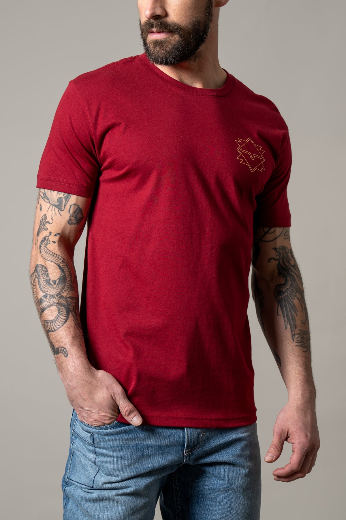 Kimes Ranch North Star shirt in Cardinal with short sleeves and a chest logo