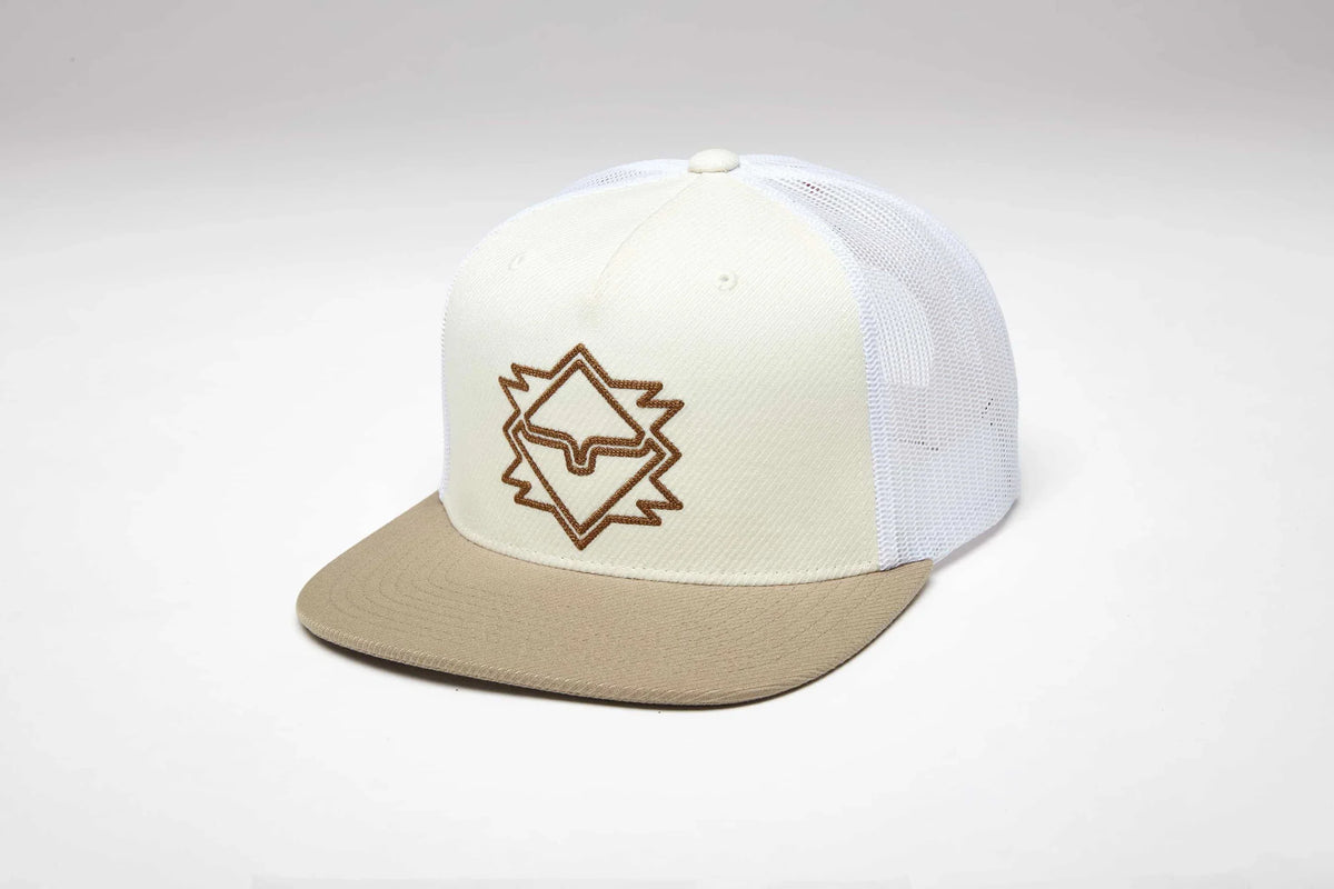 Kimes Ranch North Star trucker hat in Natural with a tan brim and embroidered logo