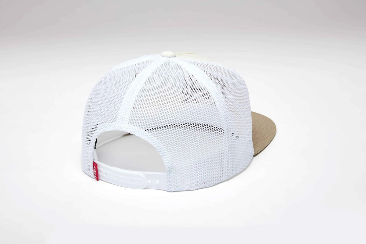 Kimes Ranch North Star, back view, hat with white mesh back and tan brim