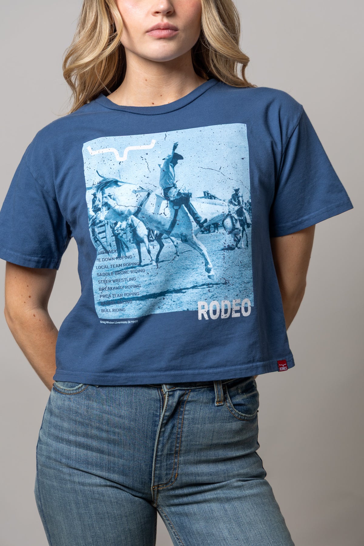 Kimes Ranch Not Our First shirt in Dark Blue with a vintage rodeo graphic and RODEEO text