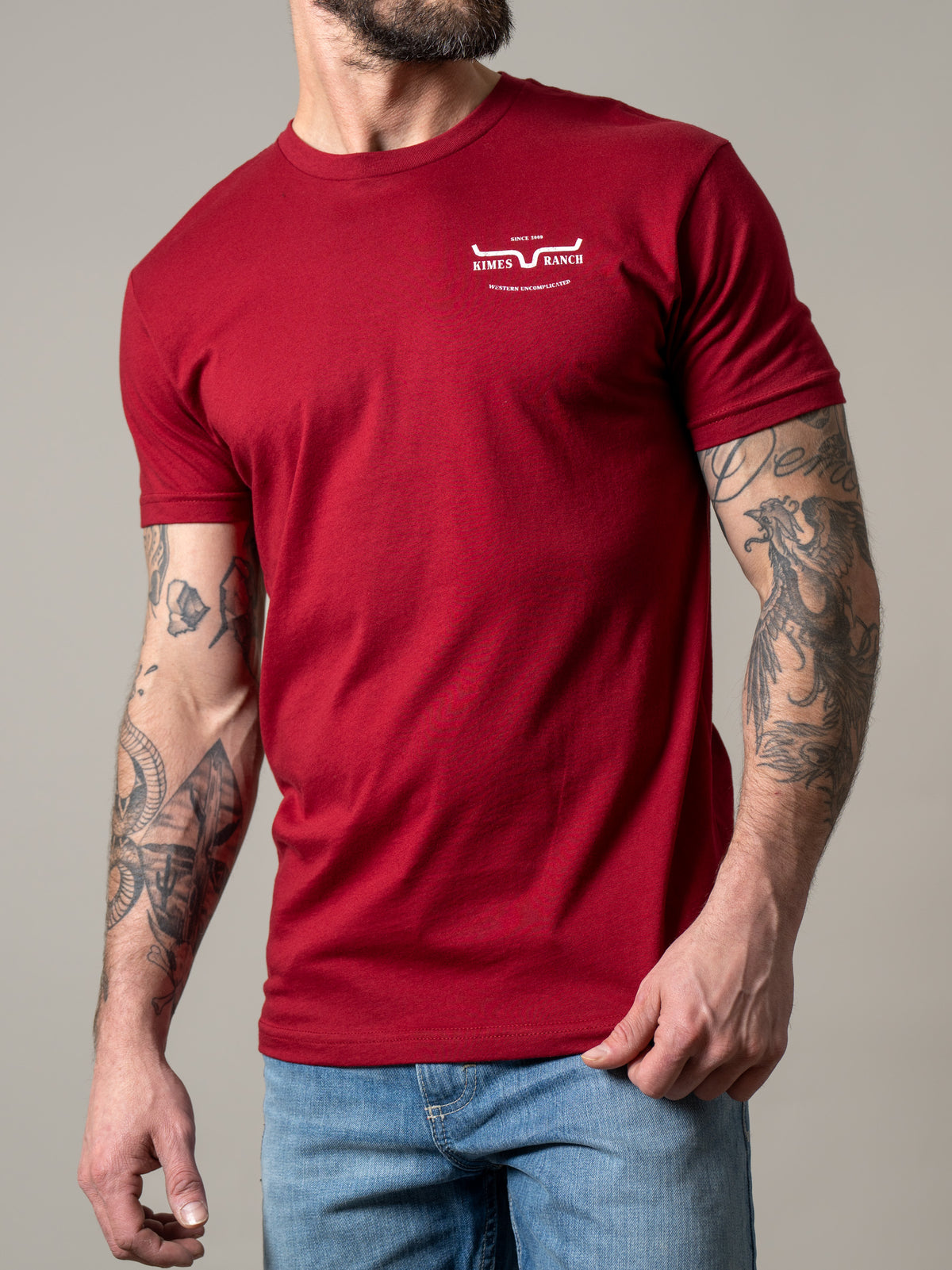 Kimes Ranch Old West shirt in Cardinal with a chest logo and short sleeves
