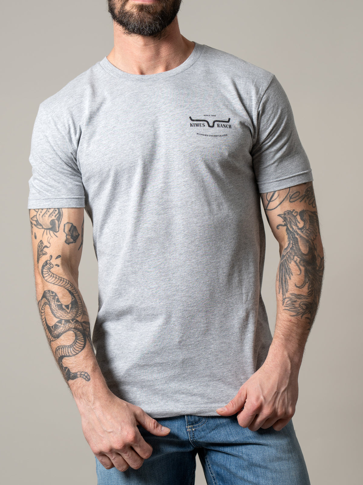 Kimes Ranch Old West shirt in Heather Grey with a chest logo