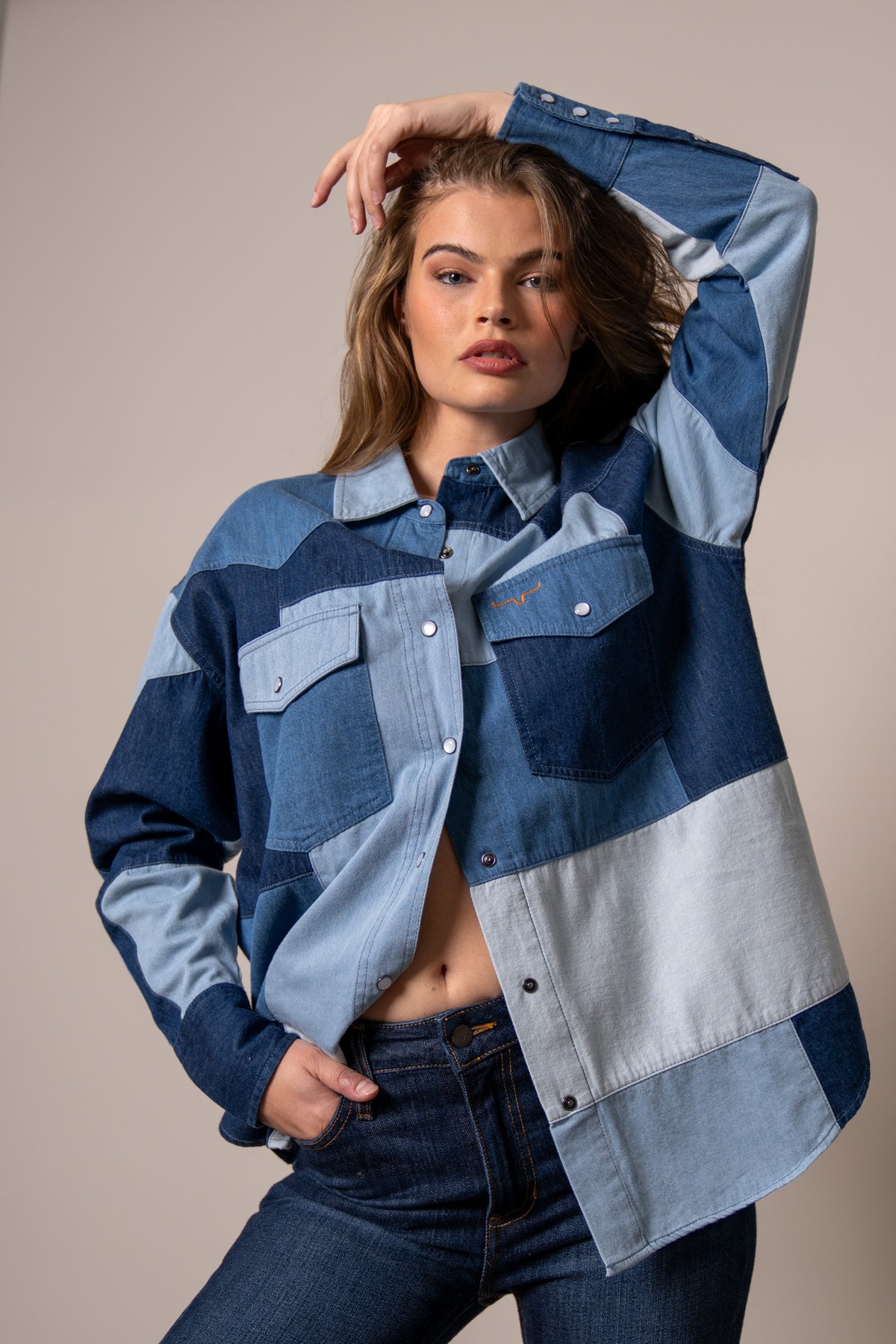 Kimes Ranch Olly jacket in Indigo with patchwork and chest pockets