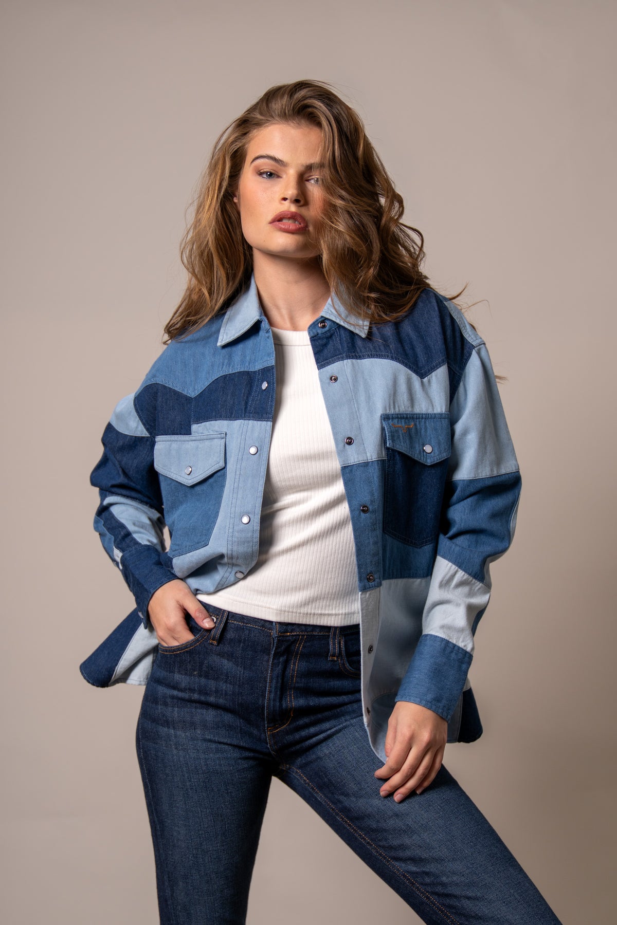 Kimes Ranch Olly jacket in Indigo with color-block panels and front pockets