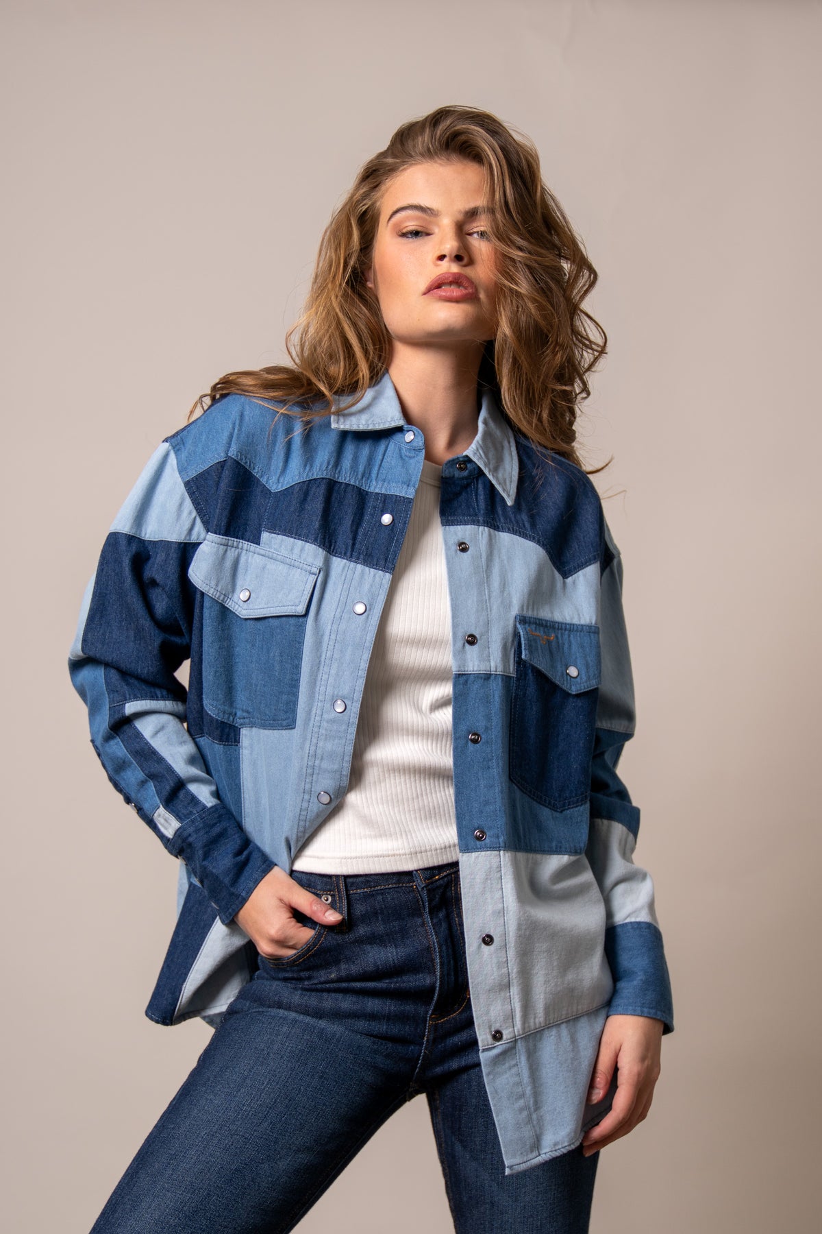 Kimes Ranch Olly jacket in Indigo with color block and front pockets