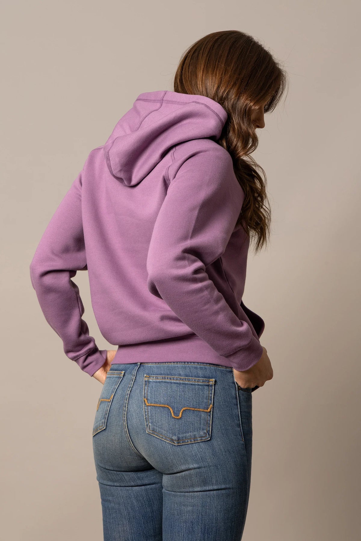Kimes Ranch Ladies Outlier Hoodie in Lilac, back view, with the hood and long sleeves