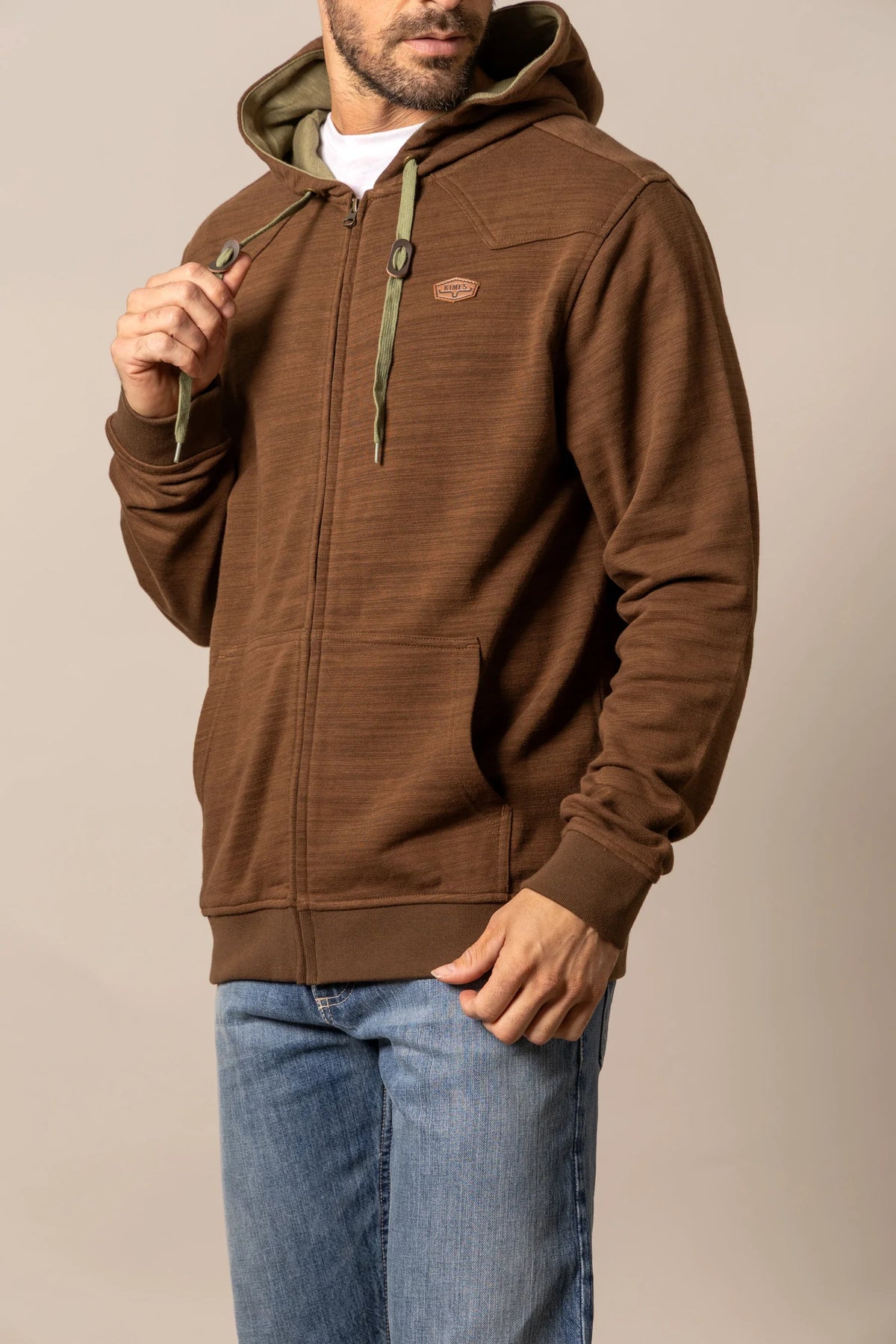 Kimes Ranch Overo Full Zip hoodie in Brown with a front zip, kangaroo pocket, and logo patch