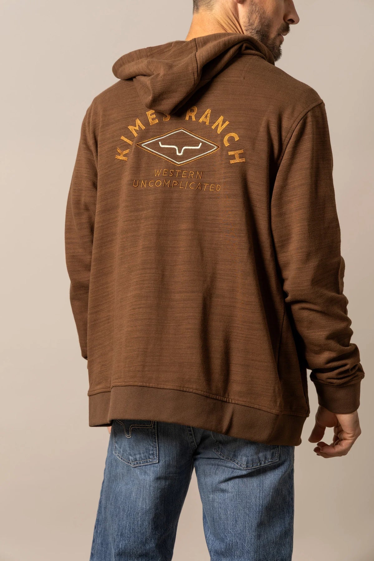 Kimes Ranch Overo Full Zip hoodie in Brown, back view, with back graphic featuring the Kimes Ranch logo