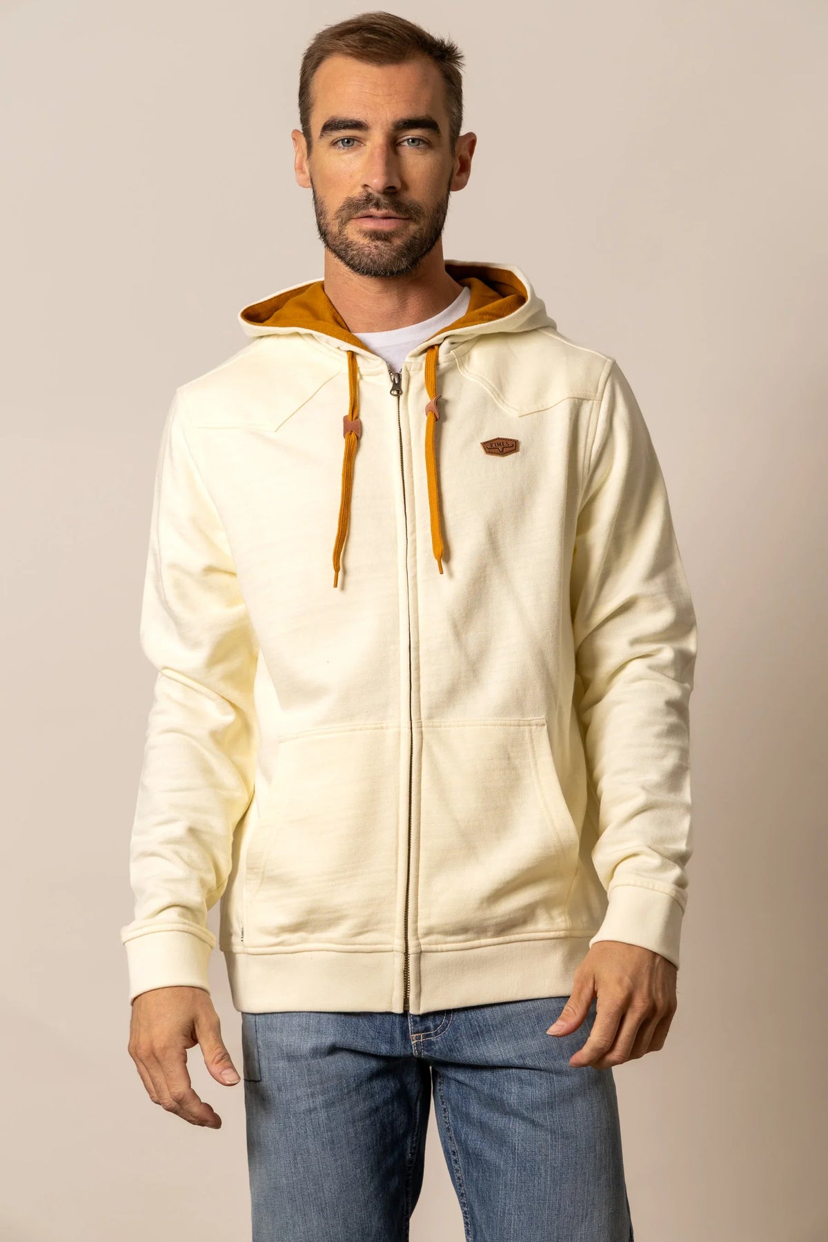 Kimes Ranch Overo Full Zip hoodie in Natural with mustard drawstrings and kangaroo pocket