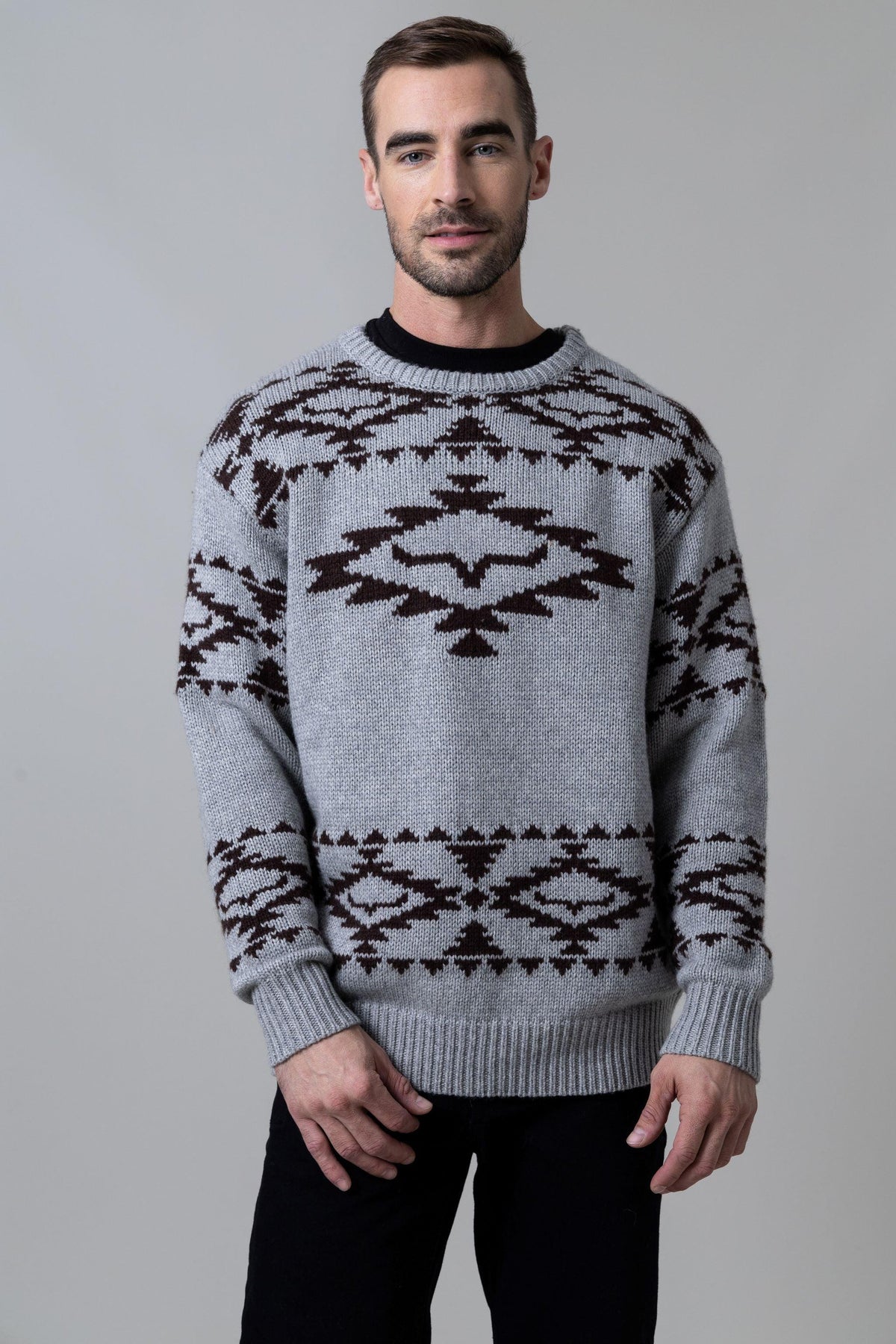 Kimes Ranch Mescalero Crew sweatshirt in Grey Heather with a brown geometric pattern across the chest and sleeves