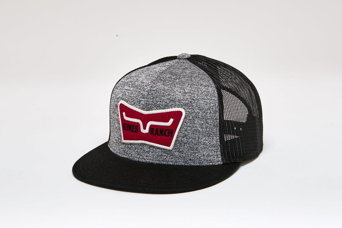 Kimes Ranch Panoramic Trucker Hat in Grey Heather with a red and white Kimes Ranch logo patch on the front