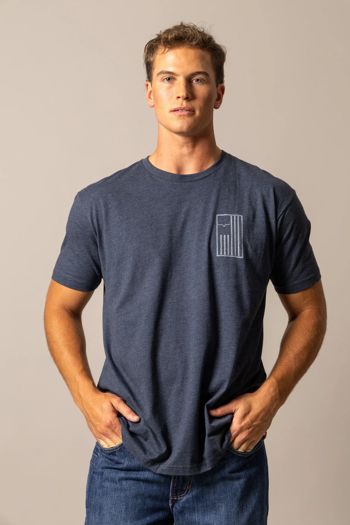 Kimes Ranch Patched shirt in Midnight Navy with a white Kimes Ranch logo on the chest
