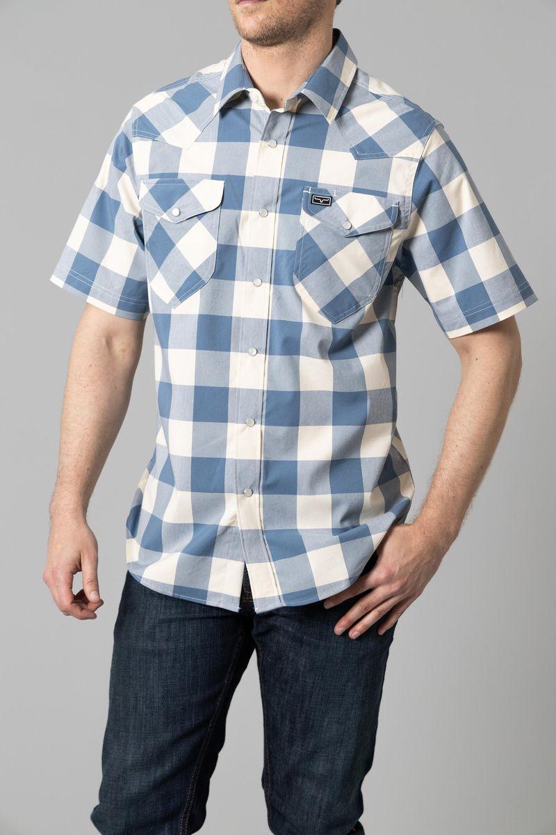 Kimes Ranch Malcom Buffalo Plaid Dress Shirt in Blue with short sleeves and two chest pockets