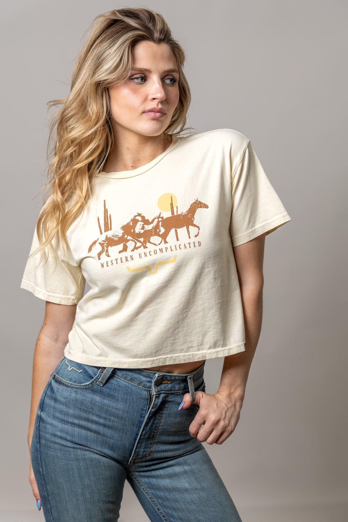 Kimes Ranch Plains Stampede shirt in Ivory with a Western Uncomplicated graphic of horses and cacti