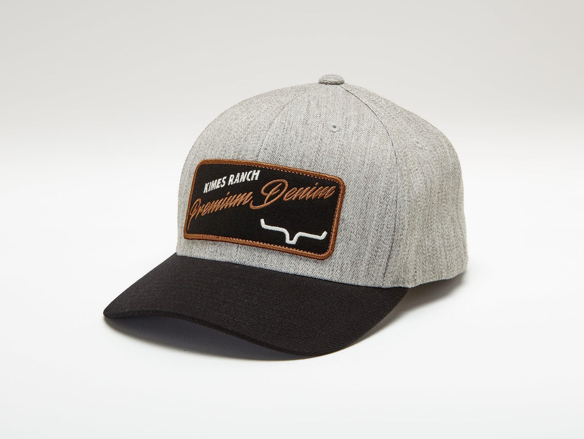 Kimes Ranch Premium Denim Hat in Grey Heather, side view, with a black brim and embroidered logo patch