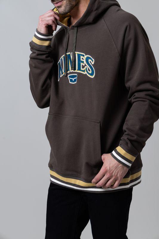 Kimes Ranch Kubo Hoodie in Dark Brown with a front kangaroo pocket and striped cuffs and hem