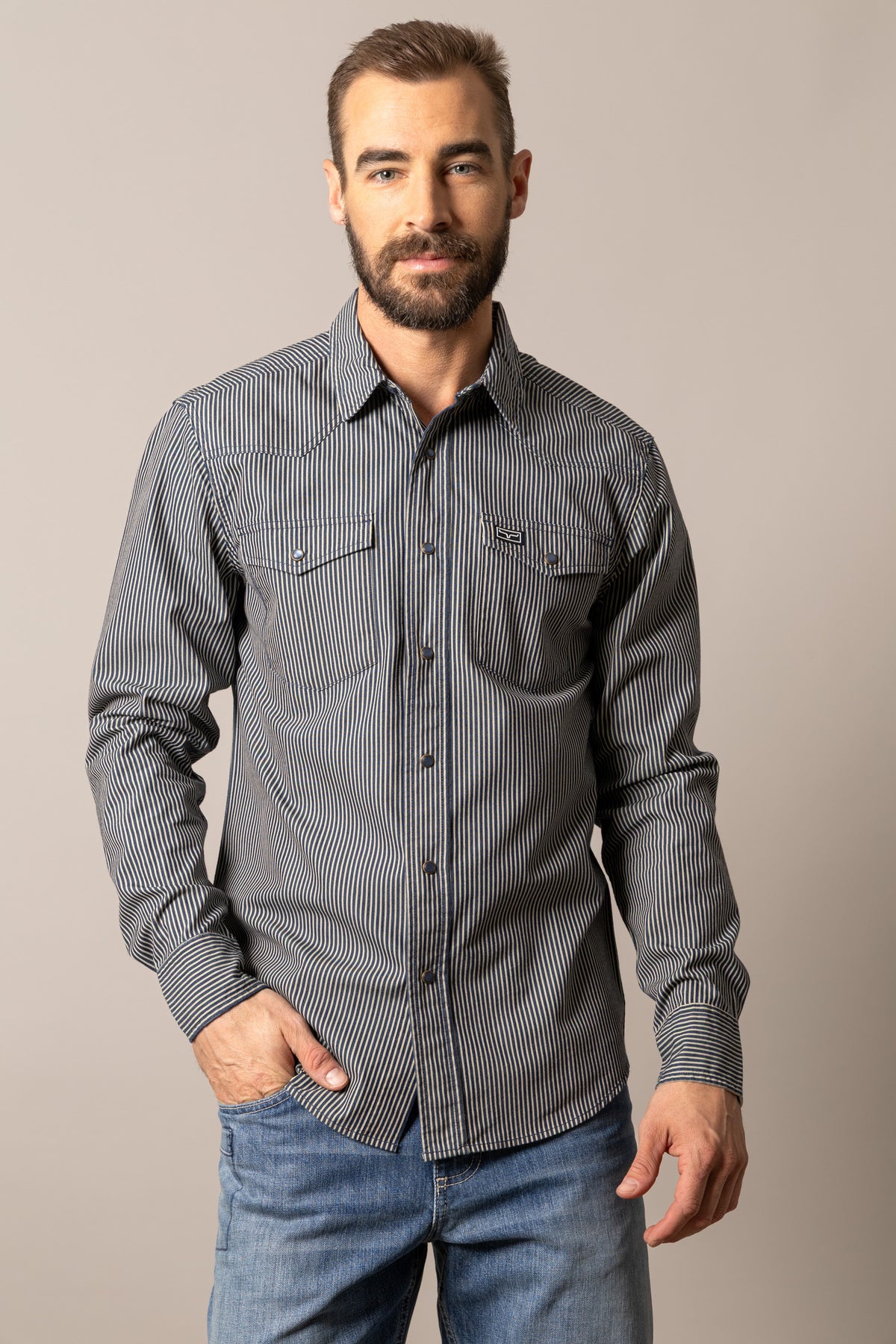 Kimes Ranch Quentin dress shirt in Indigo with vertical stripes and chest pockets